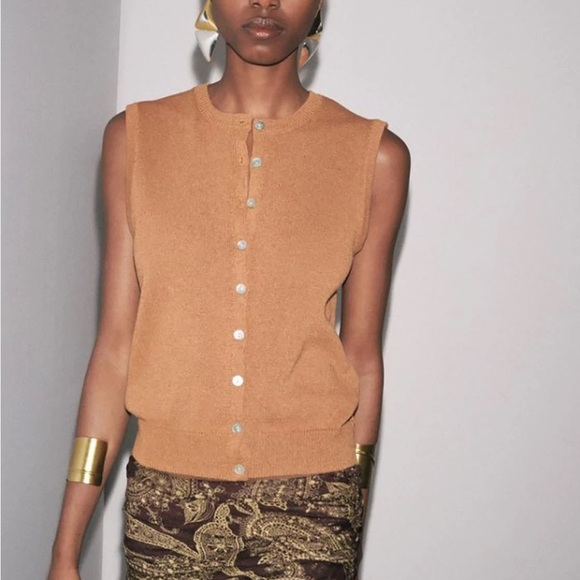 Zara NWT tan rust orange button front knit vest cardigan - Picture 6 of 9